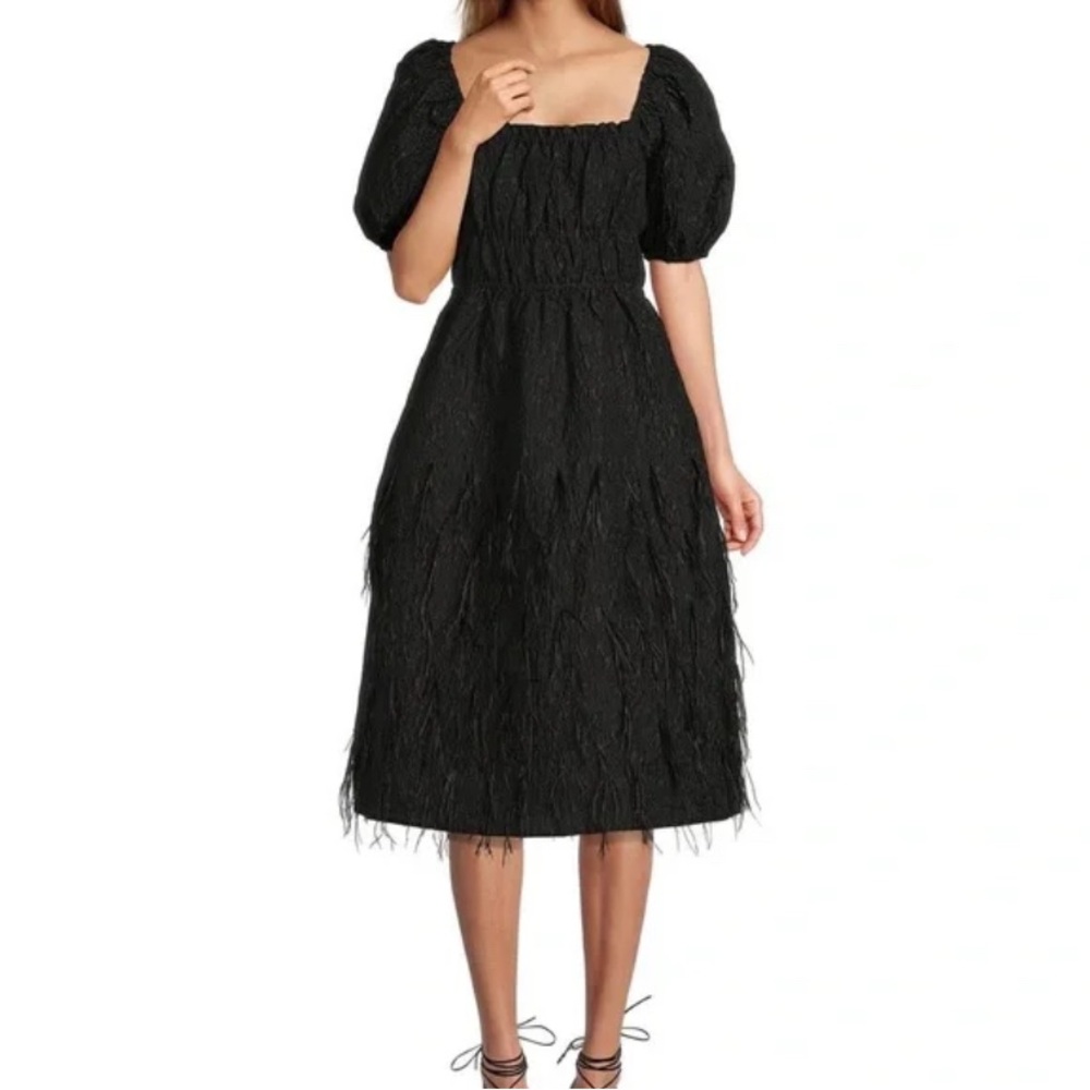 ANTONIO MELANI Black Smocked Bodice Puff-Sleeve Midi Dress